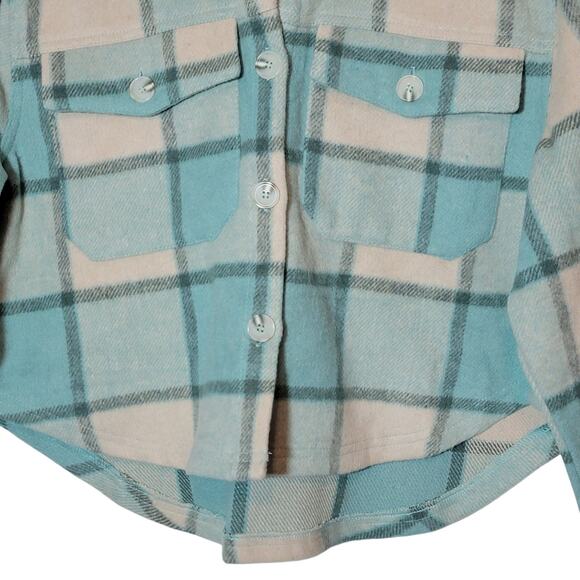 Mi ami Francesca Cropped Plaid Shacket Blue Cream Fall Winter Layering Jacket L - Picture 5 of 15